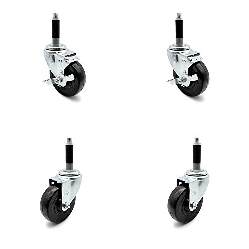 Hard Rubber Swivel Expanding Stem Caster Set of 4 w 4 x 1.25 Black Wheels and 3 4 Stems - Includes 2 with Top Locking Brake - 1200 lbs Total Capacity - Service Caster Brand