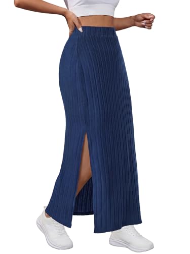 Rooscier Women's Ribbed Knit Midi Pencil Skirt Side Slit High Waisted Bodycon Casual...
