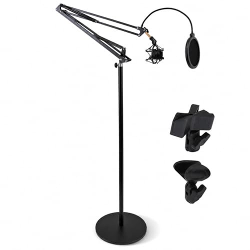 Image of Pyle Microphone Boom Suspension Stand - Adjustable Scissor Spring Arm Floor Mic Stand with Shock Mount, Pop Filter, 3.1 ft Arm Extension for Podcast, Studio, Streaming, Radio Broadcasting, Black