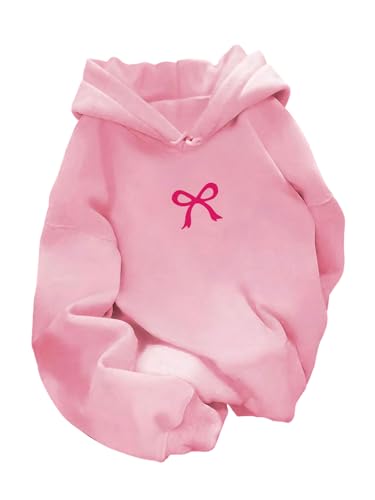 GORGLITTER Womens Oversized Bow Hoodie Long Sleeve Drop Shoulder Drawstring Cute Pullover Sweatshirt Pink Small
