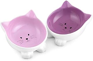 Navaris Cat Bowls with Ears - 2 Pack of Ceramic Cat Feeding Dishes with Anti Slip Silicone Feet - Purple Cat Shaped Food and Water Bowls Set