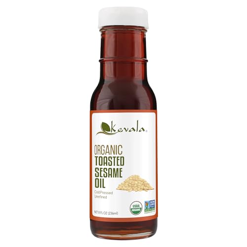 Kevala Organic Toasted Sesame Oil - Cold Pressed and Unrefined Oil for Daily Cooking and Baking, Made with Top Selection Roasted Sesame Seeds, Great for Stir-Fry Vegetables, 8 oz Glass Bottle