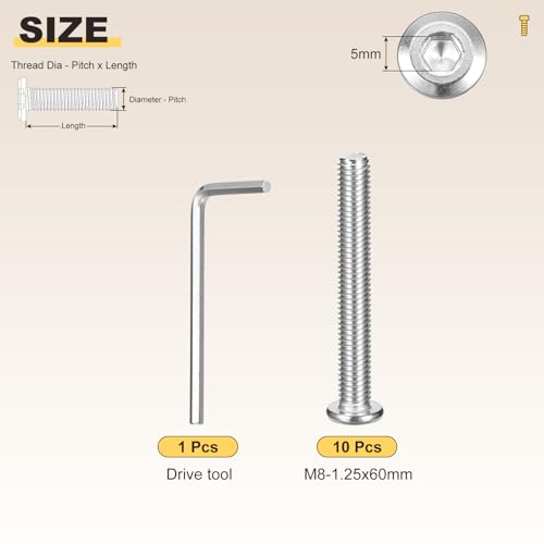 Image of METALLIXITY Flat Head Hex Socket Cap Screws Bolts(M8-1.25x60) 10Pcs, with Wrench Steel Hex Socket Furniture Bolts Screws - for Furniture Woodworking Project, Silver Tone