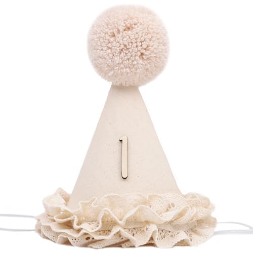 WAHAWU Lace 1st Birthday Hat - Sweet One Birthday Decorations Lace Flower Princess Party Crown Beige Cone Hat for Cake Smash First Floral Party Headwear Photo Prop