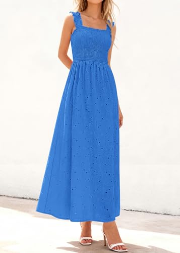 Image of KIRUNDO Summer Lace Dress for Women Eyelet Maxi Sundress | Boho Sleeveless Cotton Flowy Long Dresses, Wedding Guest, Beach Vacation, Baby Shower Guest Dress, Smocked Bust, With Pockets