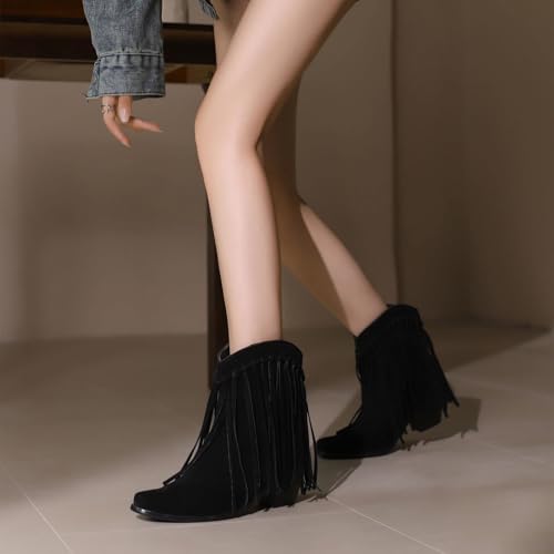 Seborluys Fringe Ankle Cowboy Boots for Women Short Cowgirl Booties Western Fringed Tassel Ankle Boots Suede Chunky Block Heel3