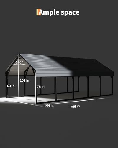 Image of GarveeLife 12x25 ft Metal Carport Oversized, Reinforced Frame and Steel Roof for All-Weather Use, Permanent Shelter for Bass Boats, Full-Sized Pickup Trucks, and Tractors