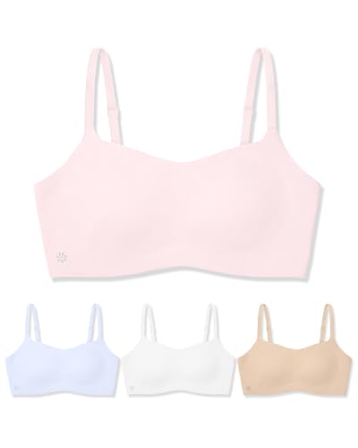 SALIA GIRL Adjustable Girls Bras 12-14 Seamless, Soft Cloudcozy Soft Sport Bras with Fixed Padding Cami Teen Bras, Blue/Pink/White/Warm Beige, L