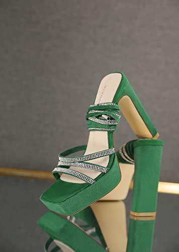 Vivianly Women's Lace Up Platform Chunky Heel Sandals Suede Strappy Ankle Wrap Rhinestone Heels For Wedding Work Party Dress Size 10 Green #TOP5