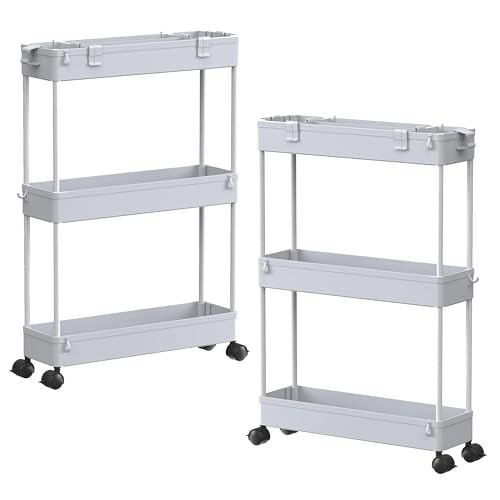 Image of SPACELEAD 2-piece Set Slim Storage Cart 3 Tier,Bathroom Organizer Rolling Utility,Mobile Shelving Unit Slide Out for Office, Kitchen, Laundry Room & Narrow Places