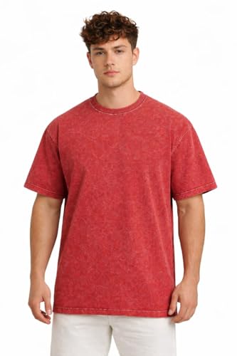 Image of VEL Plain 240 GSM Heavy Cotton Acid wash Oversized Tshirt Men Drop Shoulder Half Sleeves Round Neck Solid Cotton T-Shirts for Men