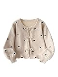 BEAUDRM Girl's Cute Heart Print Cardigan Sweaters Bow Button Down Sweater Crewneck Cardigan Long Sleeve Knitted Outerwear Apricot 9Y