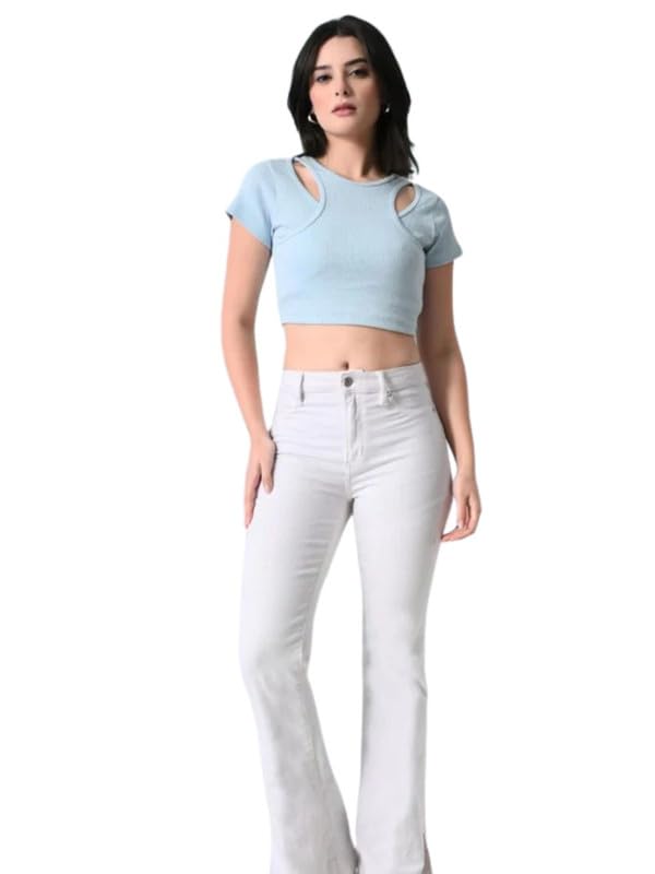 Image of Women's Blue Cotton Ribbed Crop Top | Short Sleeve Cut-Out Design | Stylish Summer Top