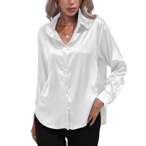 Risipu Satin Blouse for Women UK Long Sleeve Tops Button Down V Neck Silk Shirts for Casual Work (S, White) Risipu Satin Blouse for Women UK Long Sleeve Tops Button Down V Neck Silk Shirts for Casual Work (S, White)