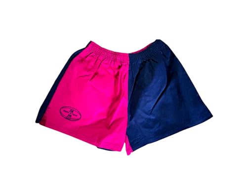 Oz OverBoots Muck & Maul Two Tone Harlequin Rugby Shorts Durable 100% Cotton Drill with Deep Pockets Tie Cord & Side Vents Ideal for Rugby Workwear & Young Farmers - L/Navy and Hot Pink
