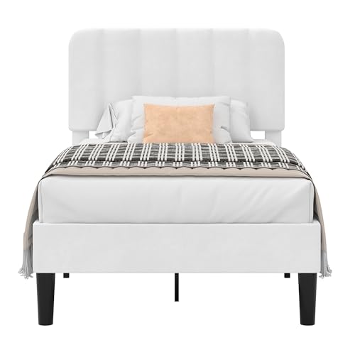 Image of VECELO Twin Size Bed Frame with Upholstered Headboard, Velvet Platform Bedframe Mattress Foundation, Strong Wood Slat Support, No Box Spring Needed,White