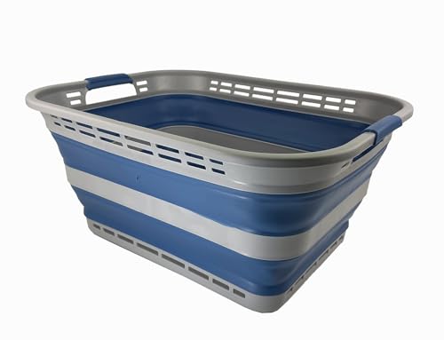 Image of SAMMART 42L (11 gallons) Collapsible Plastic Laundry Basket - Portable Pop Up Storage Container /Organizer - Portable Hamper - Space Saving Easy Storage (Grey /Mist Blue)