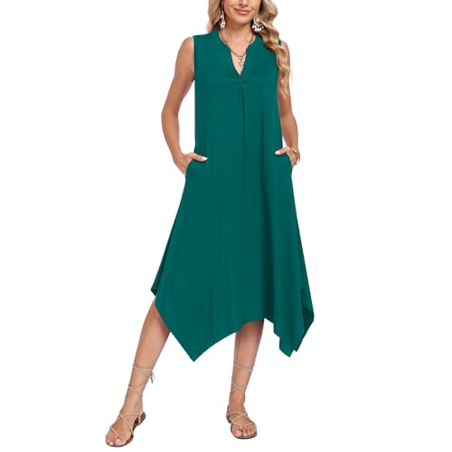 Image of AUSELILY Womens Summer Midi Dress V Neck Sleeveless Casual with Pockets | Flowy womens summer dress with asymmetrical hem, great for beach, vacation and daily wear