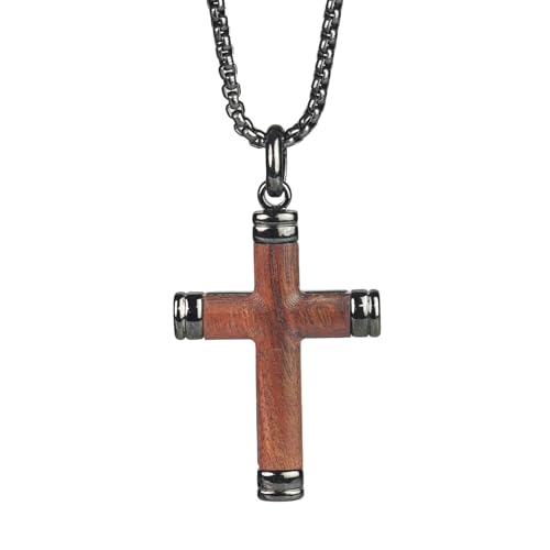 Wooden Cross Necklace for Men - Wood Inset in Stainless Steel Crucifix Pendant, Black or Silver Necklace as a Religious Gift for Birthdays, Weddings and Christmas