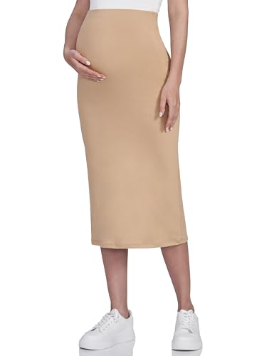 POSHDIVAH Women's Maternity Skirt Over The Belly Midi High Waisted Solid Stretchy Pregnancy Pencil Skirt, Khaki, Medium