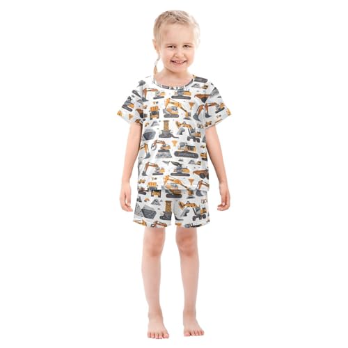 ALAZA Cartoon Excavation Truck Pajamas Set Short Sleeve Cotton Sleepwear Summer Pjs 2 Piece 5-14Y3