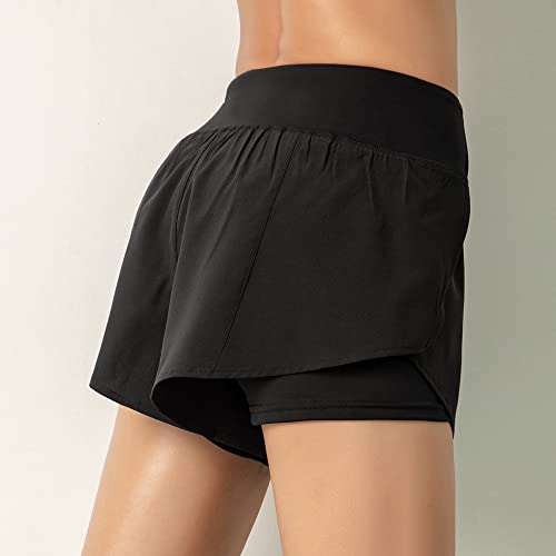 Shorts femininos,mewmewcat Mulheres Shorts de Corrida 2-em-1 com Bolso Cintura Larga Cobertura Camad