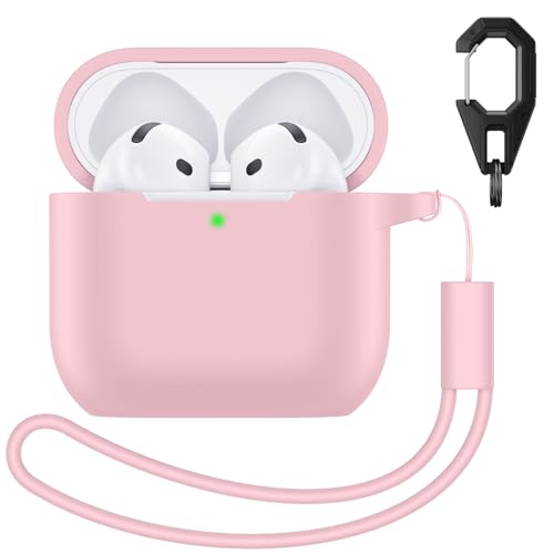 Charlam Silicone Case Compatible with AirPods 4 Case 2024, Soft Full Body Case Cover Shockproof Protective Case for Apple AirPods 4th Generation Case with Lanyard and Keychain, Pink