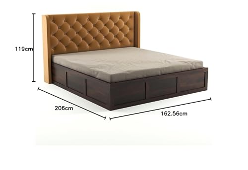 Image of Solid Sheesham Wood Queen Size Bed with Storage | Wooden Double Bed Cot Bed with Box Storage & Velvet Upholstered Cushioned Headboard for Bedroom (Walnut B, Queen)