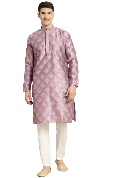 Sojanya (Since 1958 Men's Jacquard Silk Purple & Self Design Kurta & Off White Churidar Pyjama Set