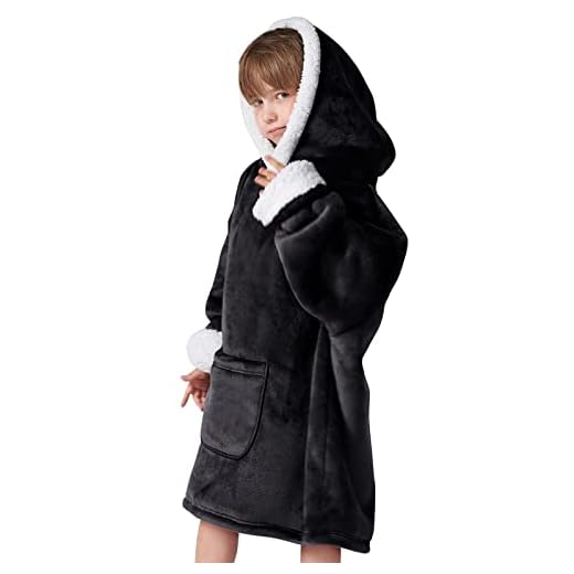 Hansleep Wearable Blanket Hoodie for Kids, Hoodie Blanket with Pockets and Sleeves Sweatshirt for Teens as A Gift - Black Kids