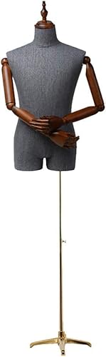 Mannekäng mannekäng för män, justerbar höjd med metallstativ och träarmar, övre överkropp skyltdocka, manlig skyltdocka helkropp (färg: Guld, storlek: Stil2) (guldstil1)