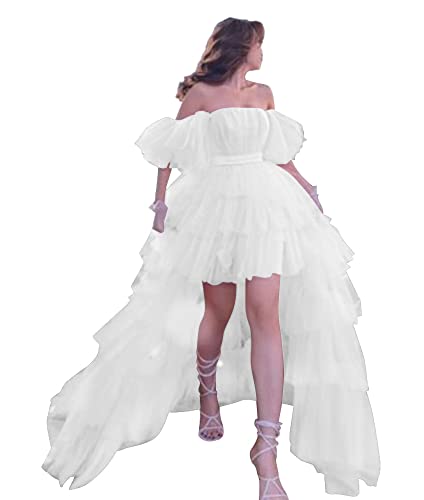 High Low Prom Dresses Tulle Off Shoulder Tiered Ball Gown with Train Formal Evening Party Gowns