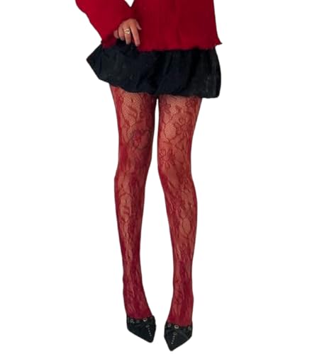Faymlc Womens Sheer Lace Tights Sexy Fishnet Stockings Patterned Tights Floral Lace Pantyhose Leggings (Burgundy Red ONE SIZE)