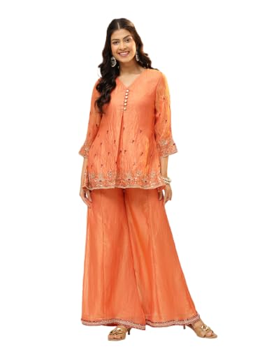 Image of Vbuyz Women Floral Embroidery Stylish A-Line Fandy Silk Kurta With Palazzo