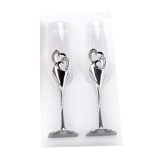 Set de copas de champán para boda de 2 piezas con cristales de estrás con borde de cristal y corazones decorativos, copas de champán