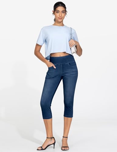 THE GYM PEOPLE Women's High Waisted Stretchy Capri Jeggings Pants Tummy Control Pull on Skinny Jean Leggings with Pockets4