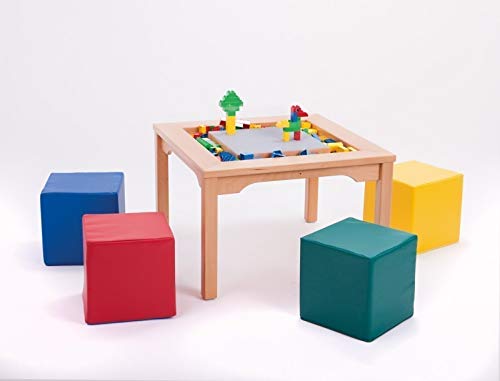 LEGO Spieltisch für LEGO und DUPLO mit 4 farbigen Schaumstoffwürfeln (Komplett-Set: Tisch + 4 Schaumstoffwürfel…