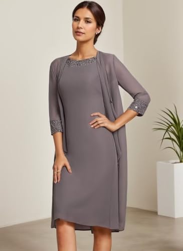 Short Mother of The Bride Dresses for Women 2 Pieces Formal Dress with Jacket Beaded Evening Party Gown4