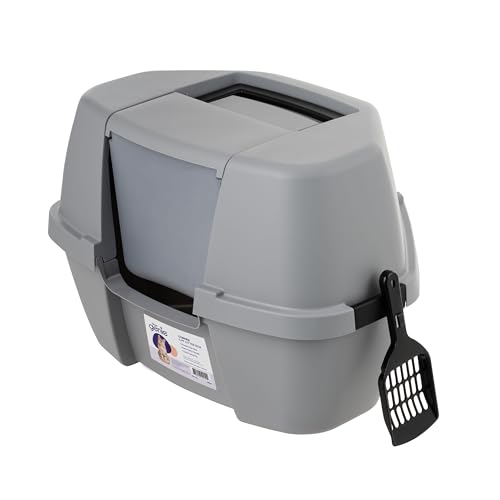 Litter Genie Corner Cat Litter Box Enclosed with Scoop - Privacy and Easy Access for Cleaning, Odor Defensive Hooded Litter Tray, Sturdy Stain Resisting Plastic, Fits in Most Corners, Gray/Black