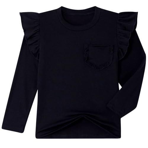 Girls Long Sleeve T-Shirt Toddler Comfort Soft Thick Basic Crewneck Tee Tops with Ruffles Trim
