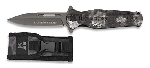 Navaja K25 FOS Apertura Asistida Rápida Negro Phyton Camo Hoja 8,9 cm para Caza, Pesca, Camping, Outdoor, Supervivencia y Bushcraft K25 18323-A + Portabotellas de regalo Cover