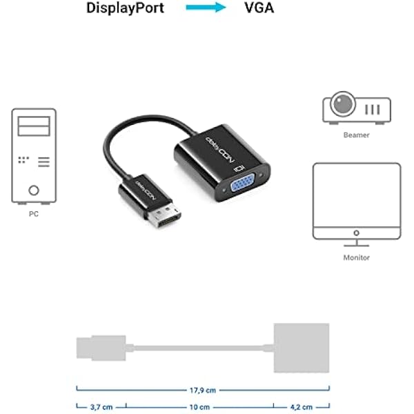 deleyCON DisplayPort to VGA Adapter - DisplayPort Male to VGA Female - for PC Notebook Monitor Projector - Black