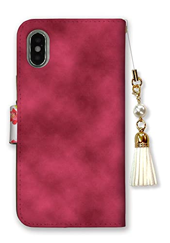 スマホケース BASIO active2 SHG12 ベイシオ アクティブ2 ケース カバー 手帳型 花柄 デコ付き エレガント おしゃれ 可愛い レッド