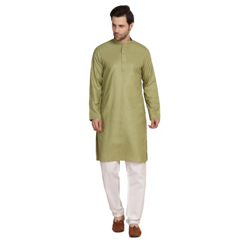 Image of KRAFT INDIA Men's Cotton Solid Kurta With Drawstring Pyjama Set
