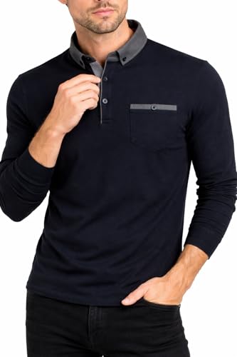 Polo manches longues homme 100% coton piqué slim fit col boutonné uni