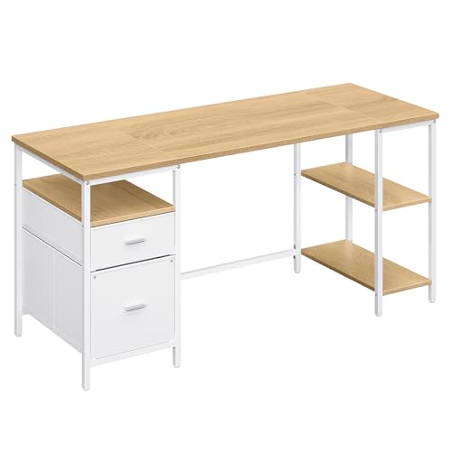VASAGLE Computertisch, Bürotisch, Schreibtisch, mit 3 Ablagen, 2 Schubladen, 160 x 60 x 76 cm, fürs Büro, Wohnzimmer, moderner Stil, natureichenfarben-wolkenweiß LWD105YD01