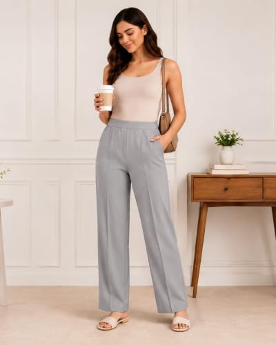 Image of Women's Mid Rise Wide Leg Trousers with Elastic Waist & Pockets