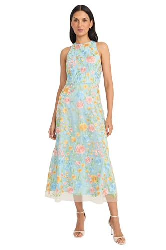 Maggy London Embroidered Women's High Neck Tea Length Special Occasion Midi-Formal Evening Party Cocktail Dress