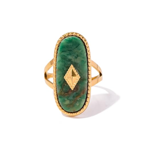 Dikixe Western Natural African Jade Adjustable Ring, Solitaire 10 * 25 mm Cut 18K Gold Plated Minimalist Stack December Birthstone Ring Gifts for Women