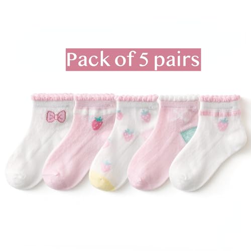 5 Pairs Baby Girl's Summer Thin Mesh Cotton Ankle Socks with Strawberry Ruffle Trim for 1, 3, 5, 8, 9, 12 Years Old2